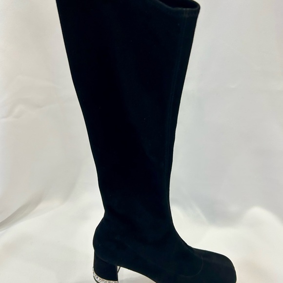 Miu Miu Black Knee-High Suede Boots with Crystal-Trim Block Heel - Picture 7 of 14